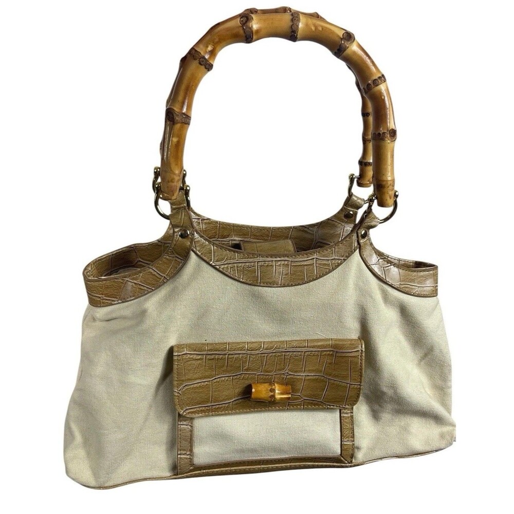 Avon 2006 Faux Bamboo Handle Canvas Satchel Handbag Beige Croc Embossed Purse